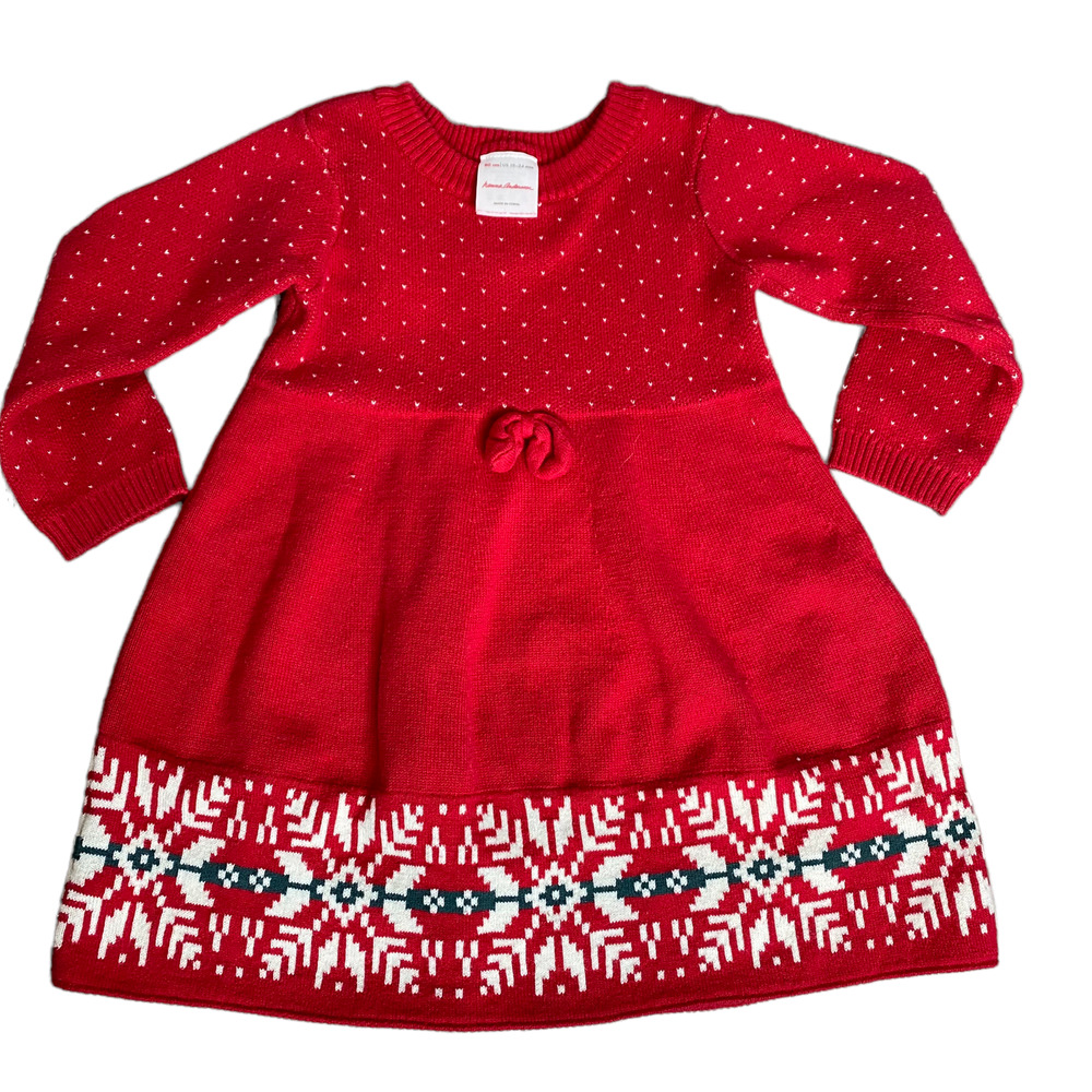 Hanna Andersson Baby Front Knot A-Line Dress Round Neck Geometric Hem Red 18-24M
